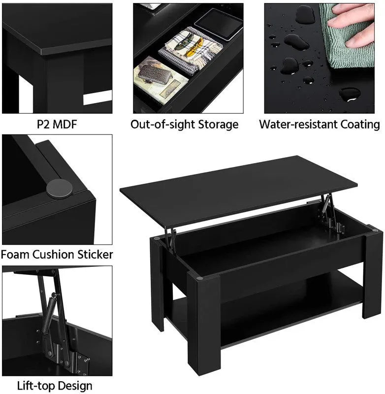 Black lifting coffee table with plate-type top and adjustable height mechanism in modern design