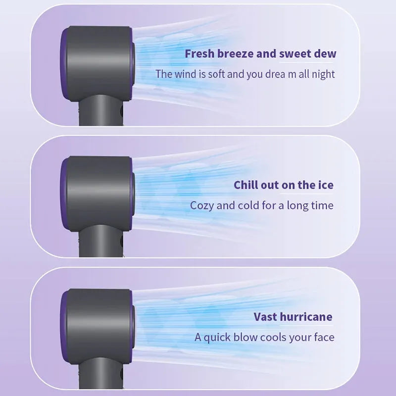 White handheld personal cooling fan showing turbine vent and adjustable controls.