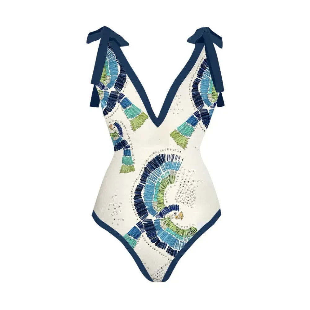French retro one-piece swimsuit with matching gauze skirt in blue or pink colour options