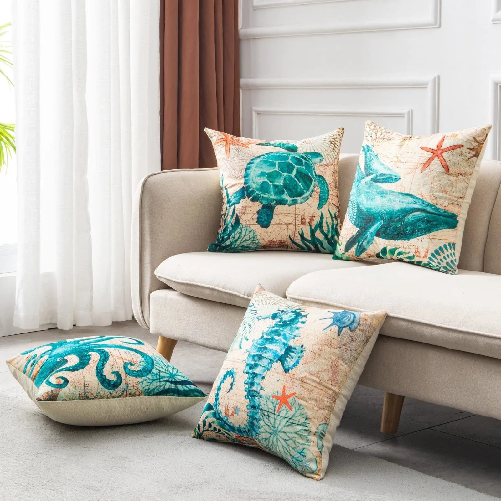 Linen cushion cover with sea turtle pattern measuring 45x45cm with invisible zipper