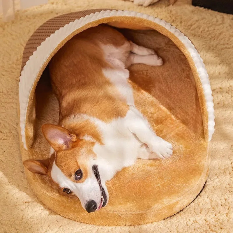 Blue dog nest sleeping bed with removable fleece lining shown in L size for medium dogs