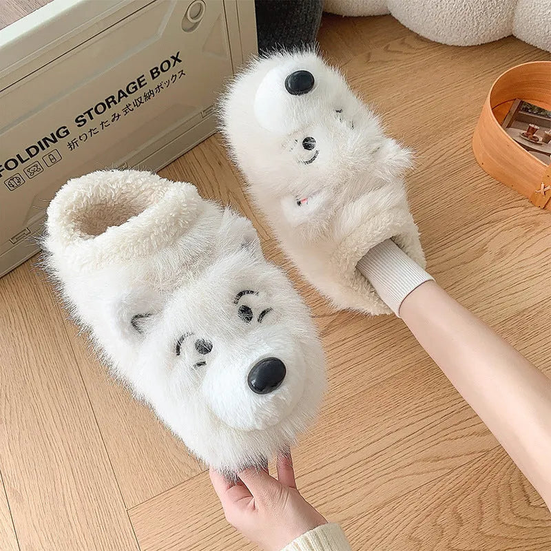Grey and white ankle wrap cotton slippers with plush upper and artificial wool lining