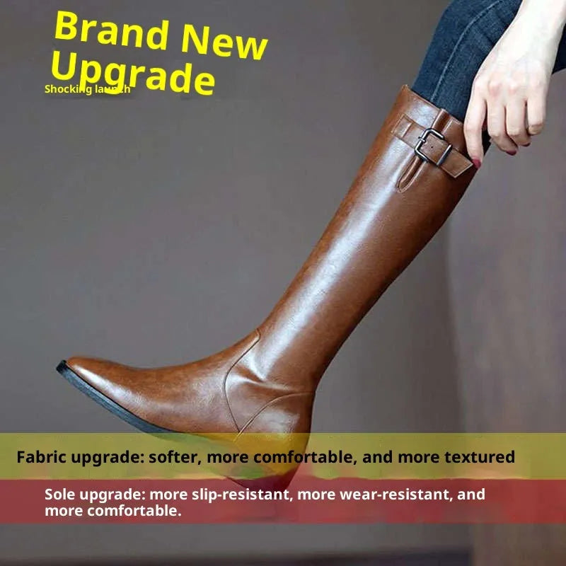 Black or brown knee high boots with low chunky heel and round toe, microfiber upper, sizes 35-40.
