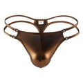 Men's nylon thong in solid colour, low waist t-back design, available in brown silver sapphire blue green sizes S M L XL