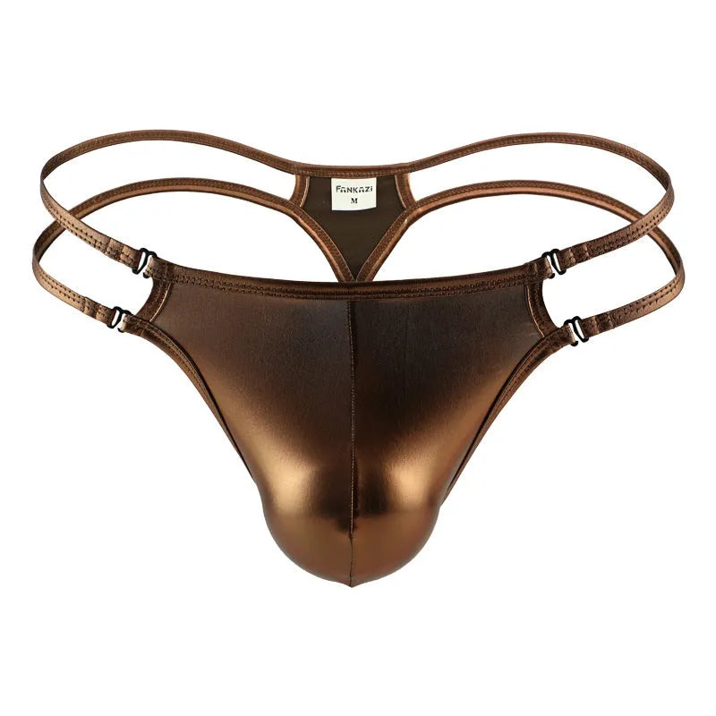 Men's nylon thong in solid colour, low waist t-back design, available in brown silver sapphire blue green sizes S M L XL