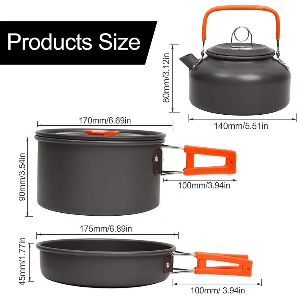 Orange folding camping cookware set with aluminium pot, small pot, frying pan, and food-grade PP bowls arranged on a mesh bag