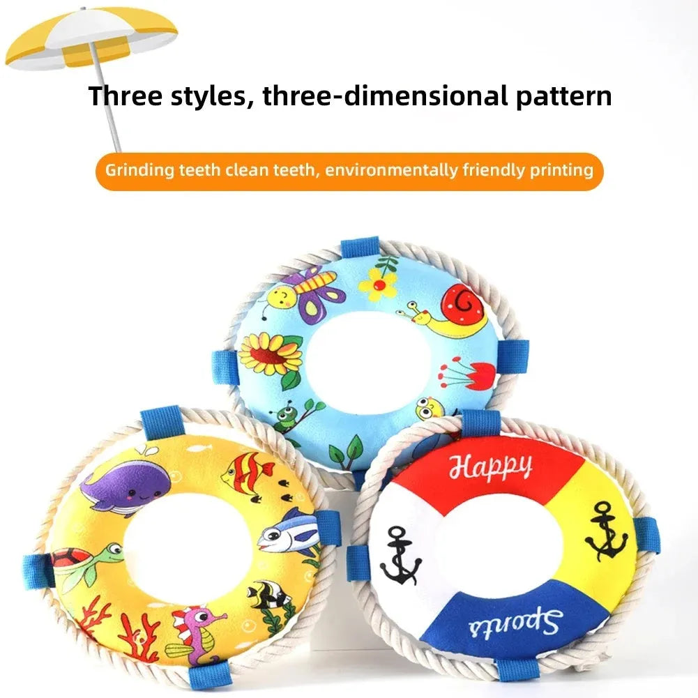 Yellow fish design dog pull ring toy with squeaker for fetch games, 25cm diameter