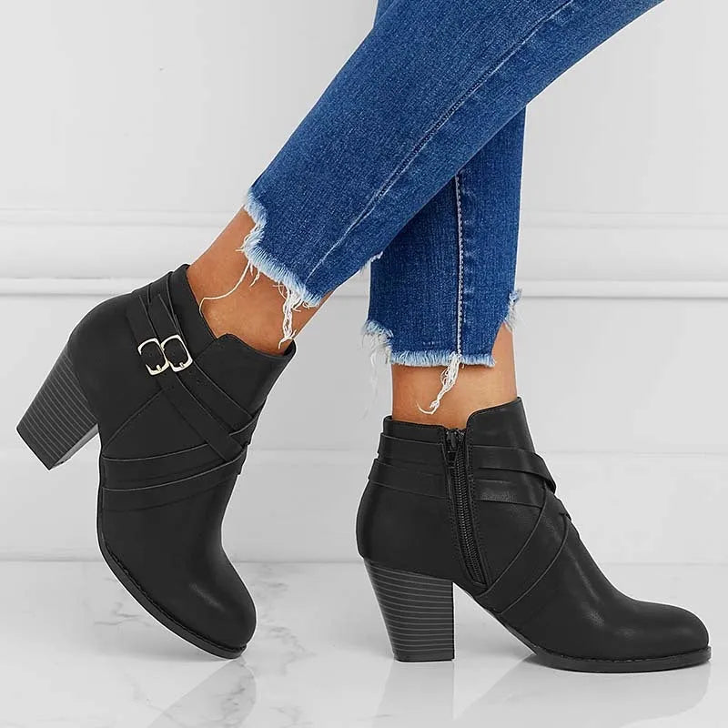Women's black PU leather ankle boots with 7cm heel and side zipper closure