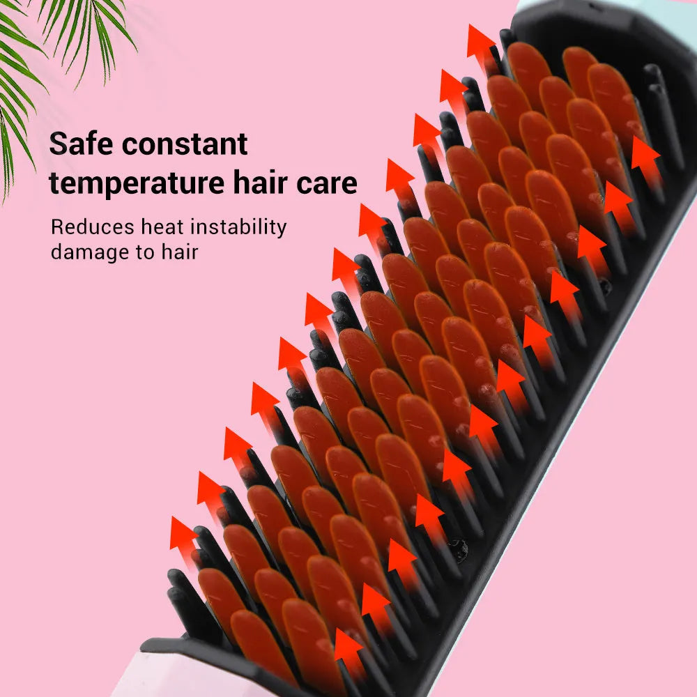 Pink cordless hair straightening comb with USB charging port and heat-insulating comb teeth.