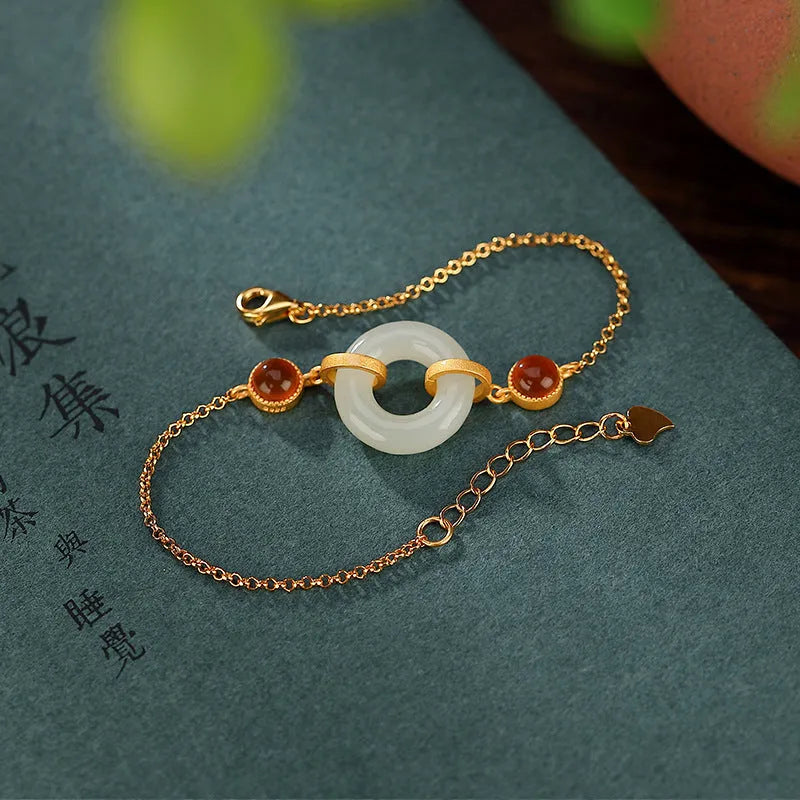 Women's silver and gold-plated bracelet with Hetian jade inlay and peace symbol buckle on adjustable band