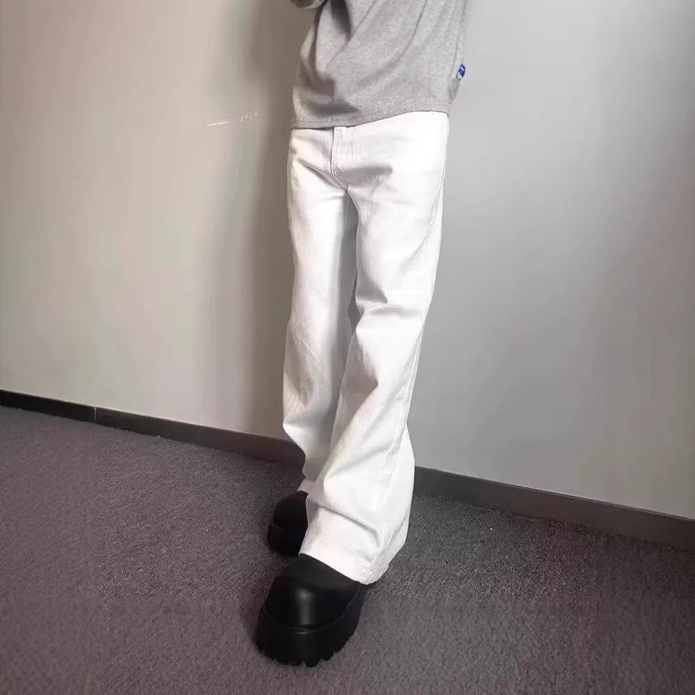 Men's straight wide-leg loose fit white denim jeans on a mid waist.