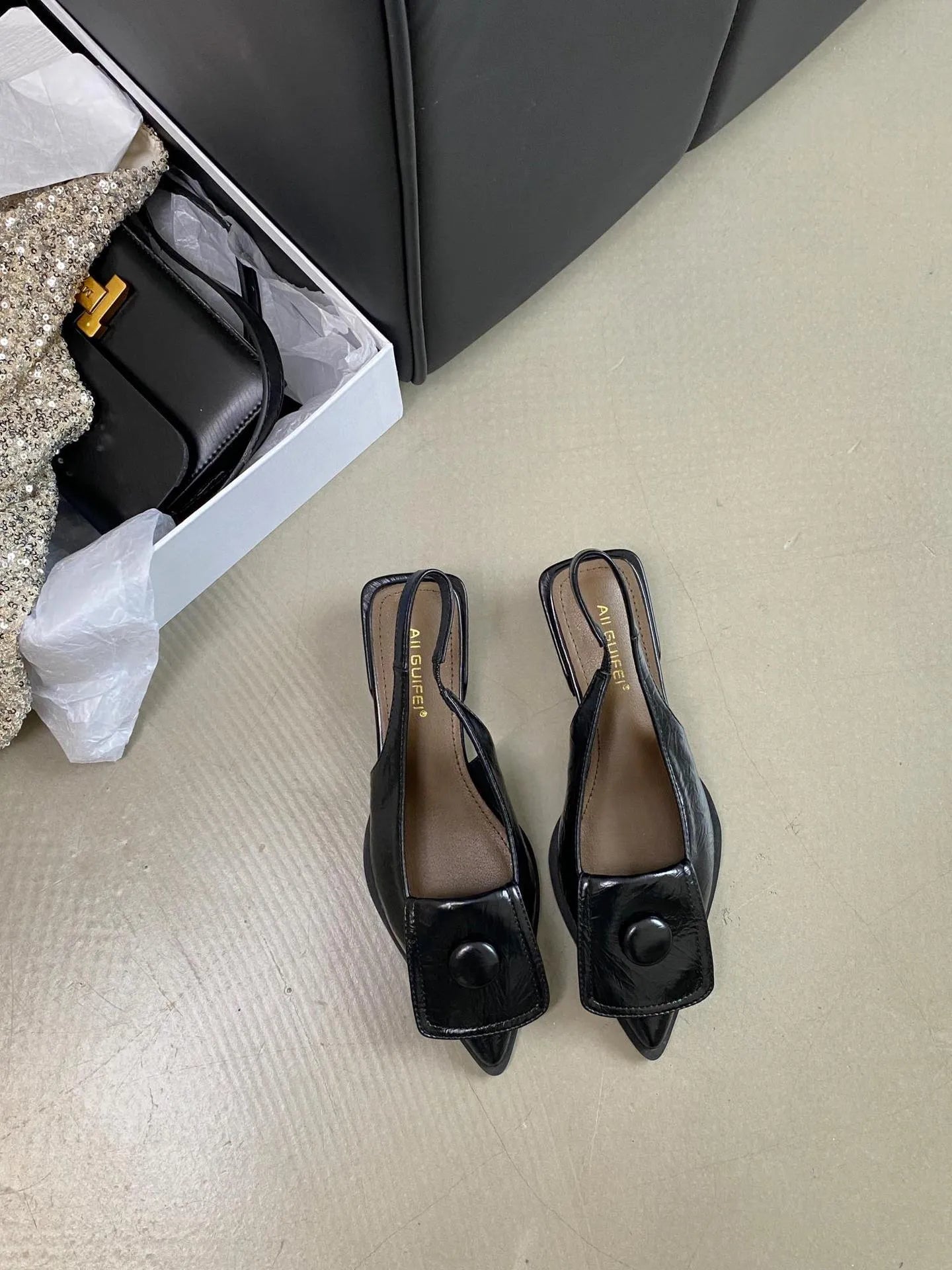 Women's low heel closed toe sandals with pointed toe and back strap in four colour options