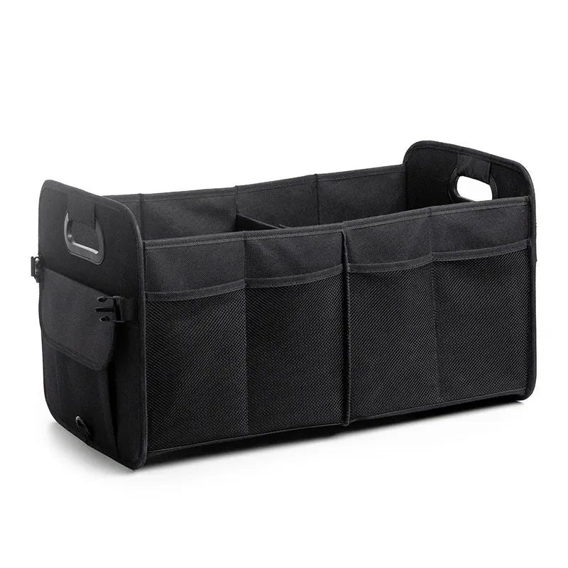Foldable fabric car trunk storage box with multiple compartments and handle