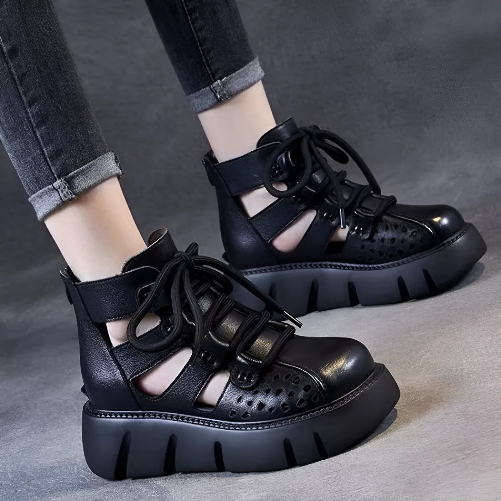 Women's platform sandals with hollow hole design in soft cowhide leather, showing fish mouth toe shape