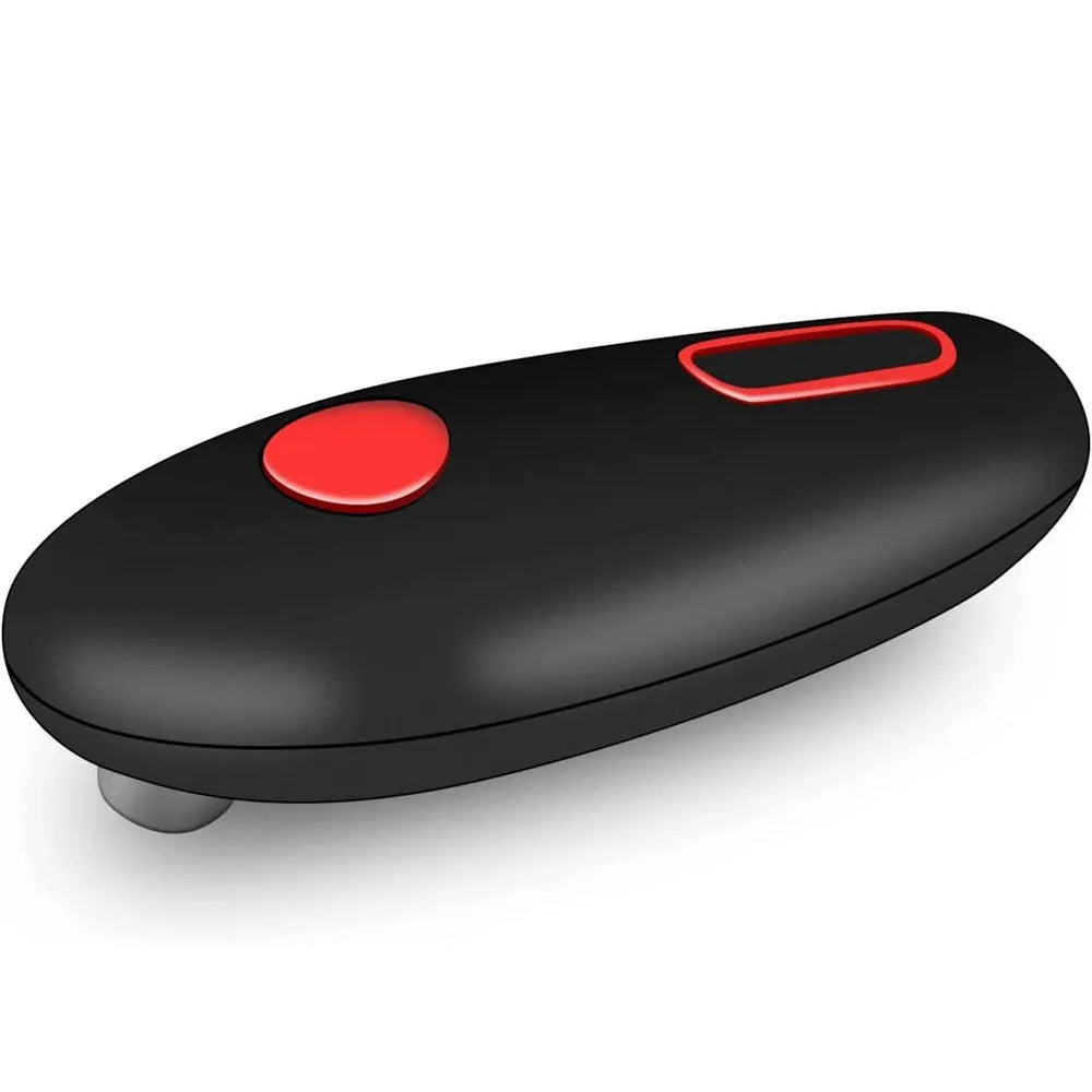 Black electric can opener with one-touch operation for battery-powered kitchen use