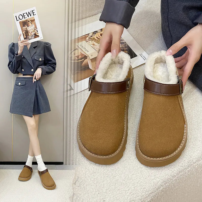 Women's brown suede snow boots with plush lining and rubber sole