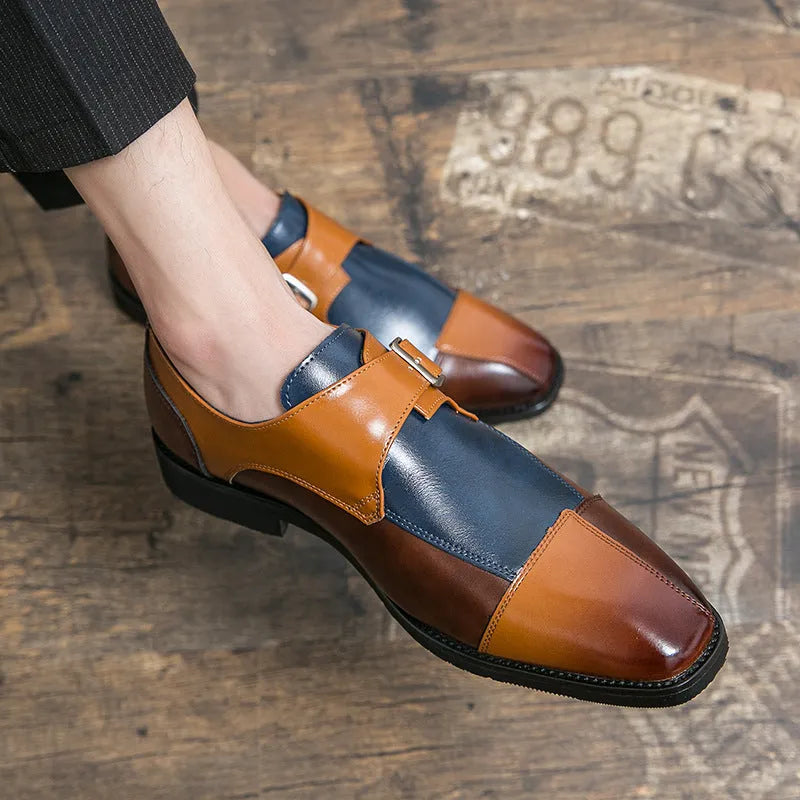 Men's brown blue and black retro buckle casual leather shoes with tall crown design