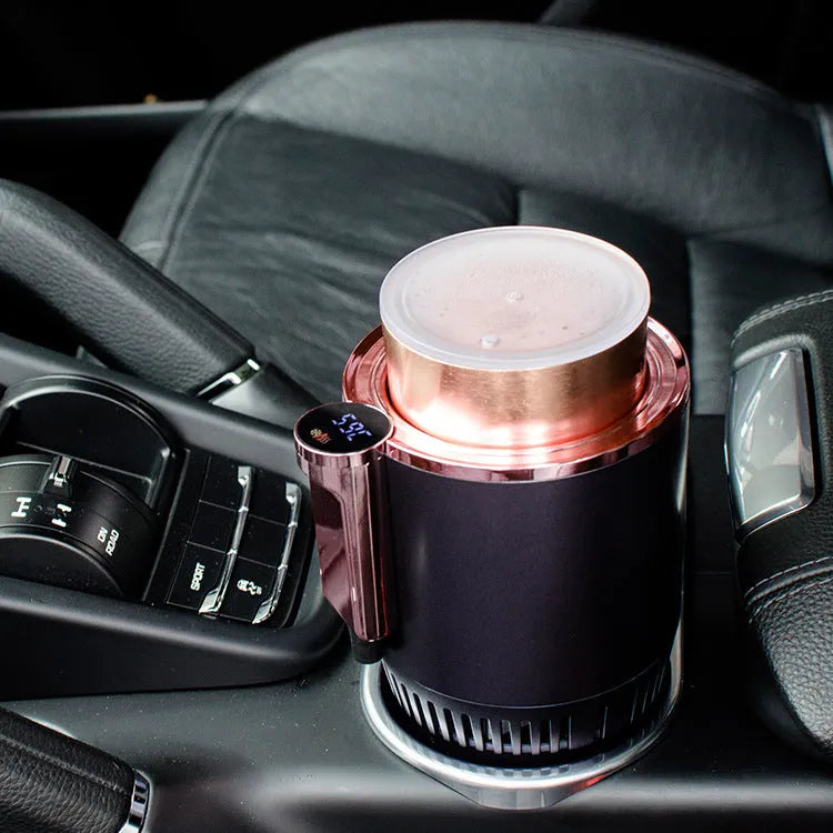 Black car cup warmer cooler with digital temperature display in vehicle cup holder