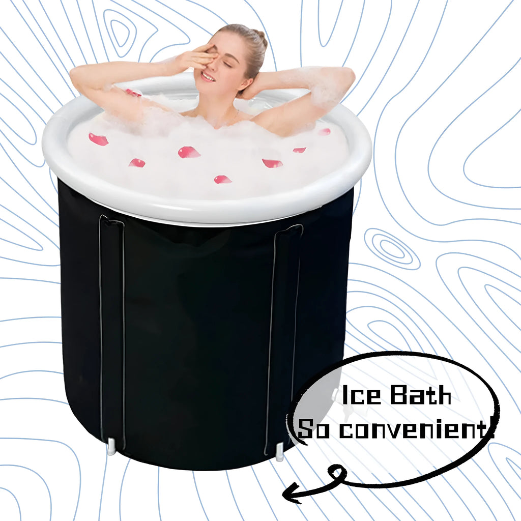 Black inflatable portable ice bath tub with elasticated weather lid, shown at 70x80cm size.