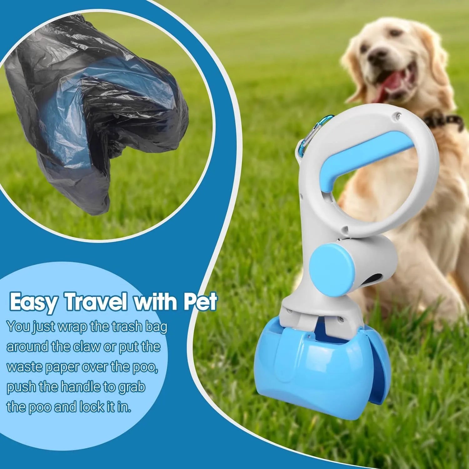 Black ABS plastic pet pooper scooper with built-in bag holder and top hanging hook.