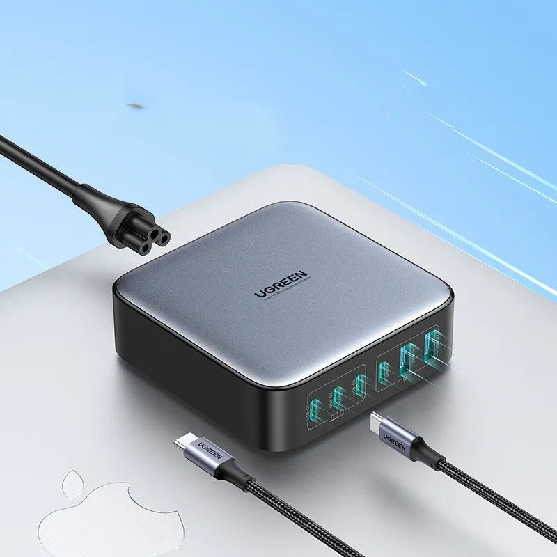 Compact 100W Gallium Nitride fast wall charger plug with multiple USB-C ports