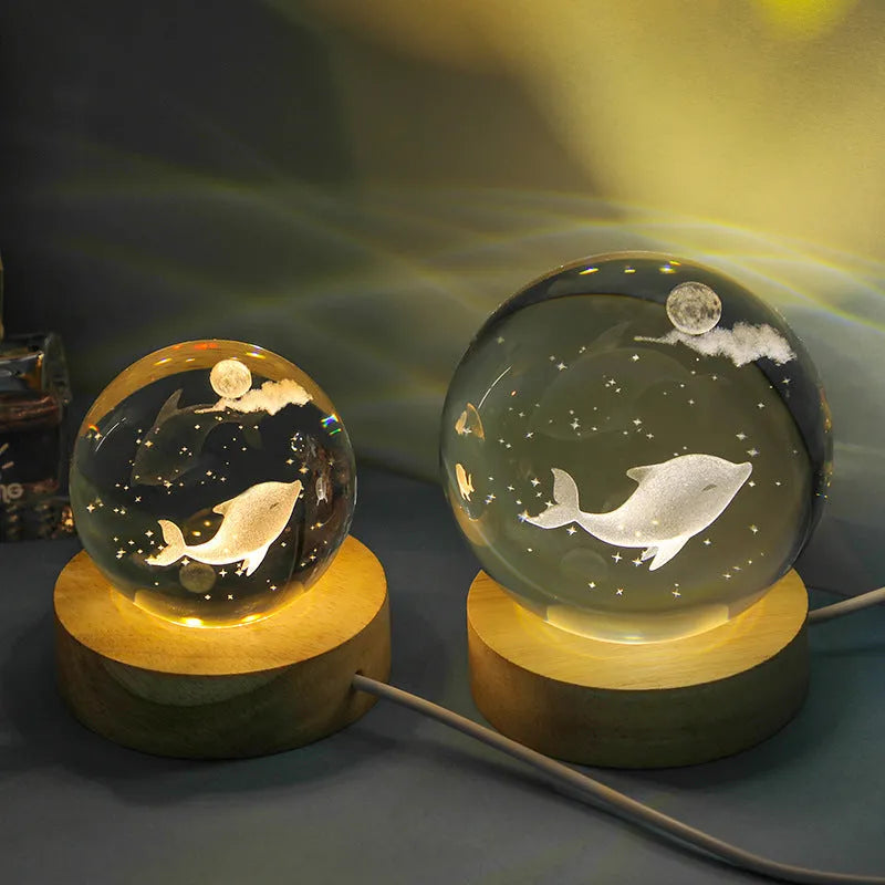 Transparent crystal ball night lamp with carved 3D jellyfish design, USB powered with optional natural light base