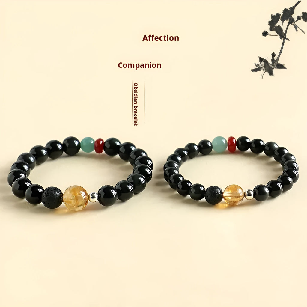 Chinese style obsidian agate jade crystal couple bracelet with 8mm or 10mm natural stone beads