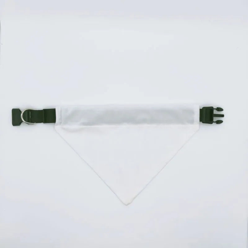 Blank white polyester dog scarf bandana for custom thermal transfer printing, shown in four sizes.