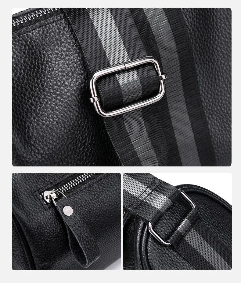 Black genuine leather crossbody bag with dimensions 24x16x13cm showing large capacity and polyester lining