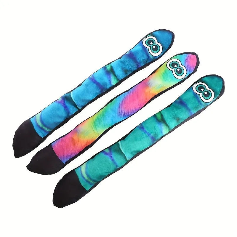 Blue and green plush snake dog squeaky toy with multicolour stripes