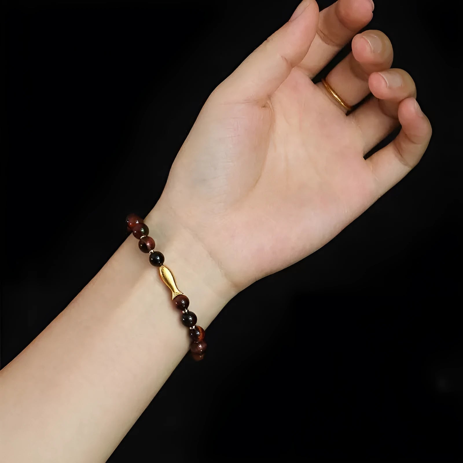 Handmade small fish beaded bracelet in natural tiger eye gemstones for women