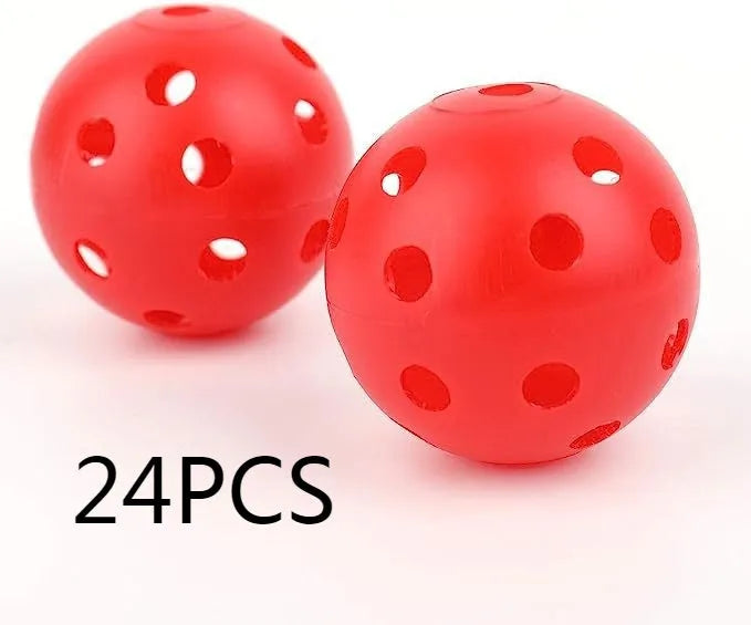 Multi-colour golf practice balls in red, orange, blue, green, white, and yellow shown in a net bag.