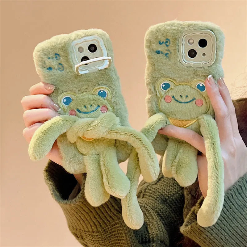 Green cartoon furry frog phone case with pull-out bracket on phone