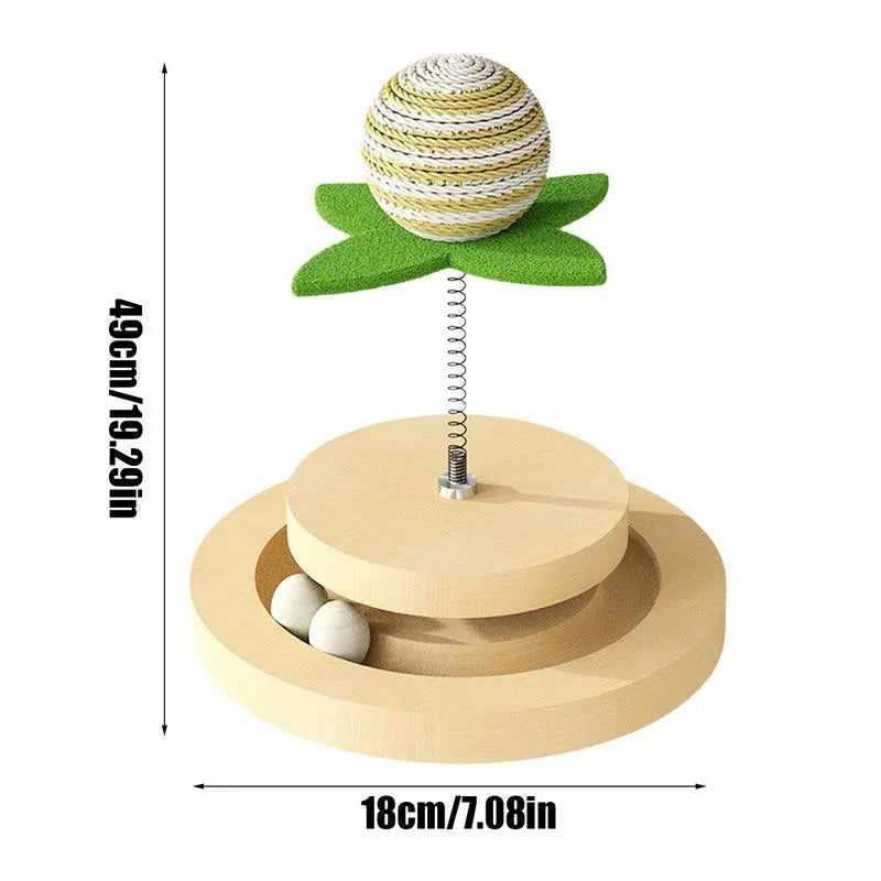 Green interactive cat toy centre with sisal scratching pad and multi-layer ball track.
