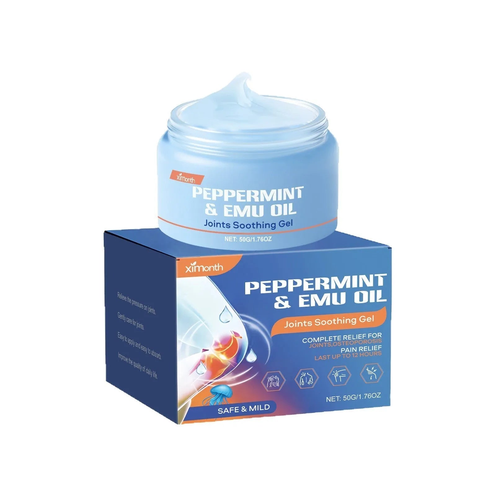 50g tube of joint soothing gel with menthol, mint leaf, and emu oil formula.