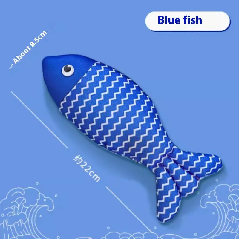 Blue, red or yellow catnip fish toy with natural filling for feline energy and dental health