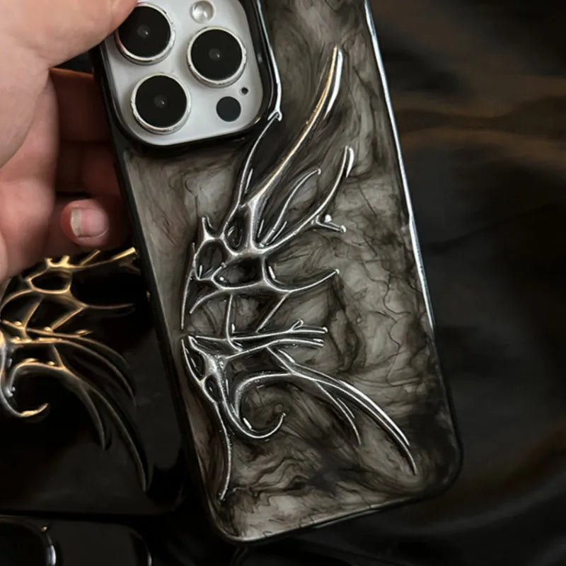 Black iPhone case with a blurred, three-dimensional wings design on the back.