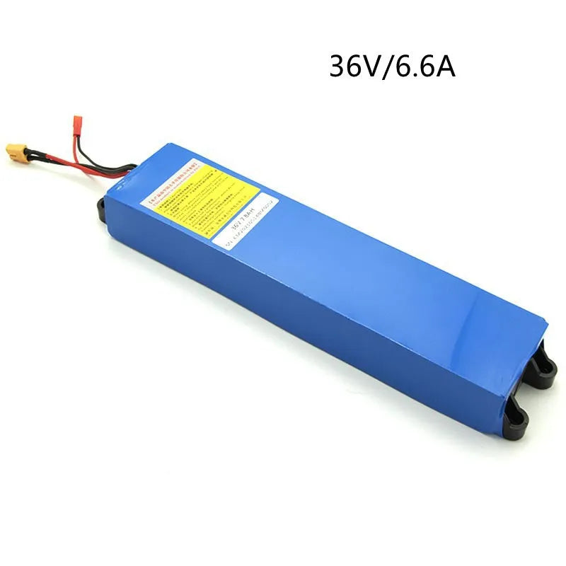 A 36V lithium battery pack for electric scooters, showing three capacity options: 6.6A, 7.8A, and 10.4A.
