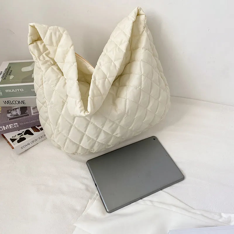 Women's large nylon tote shoulder bag with zip, soft handle, 60cm strap, in white or black