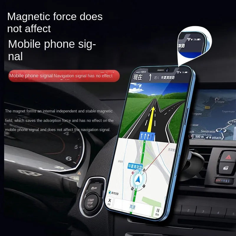 Black aluminium alloy magnetic car air vent phone holder mounted on vehicle dashboard