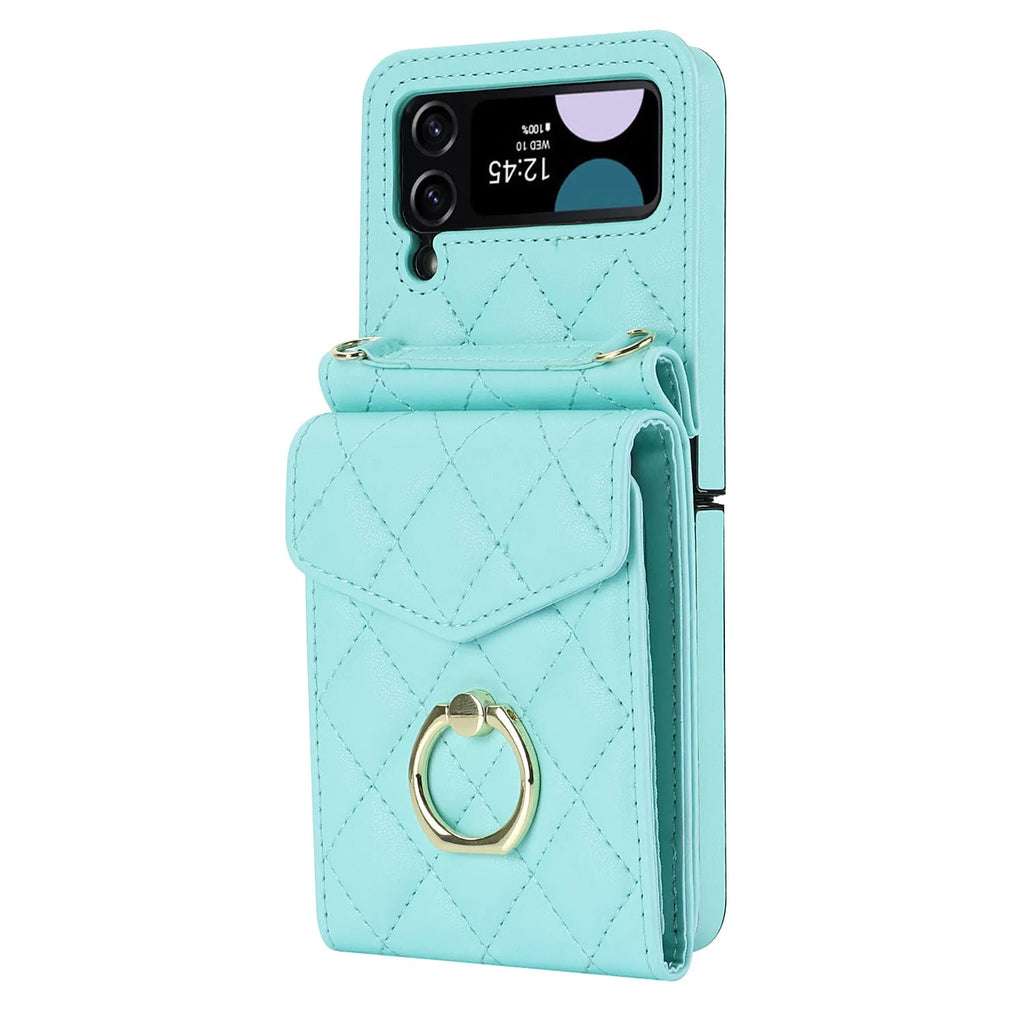 Crossbody folding ring phone case for Samsung Galaxy Z Flip in black, white, red, light purple, mint green, and rose gold, PU TPU drop-resistant leather-style cover