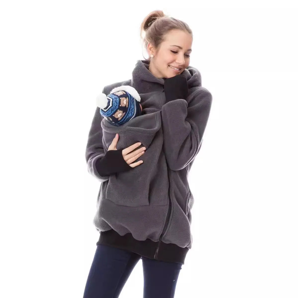 Red loose-fit polar fleece sweater for women with long sleeves, shown on a hanger.