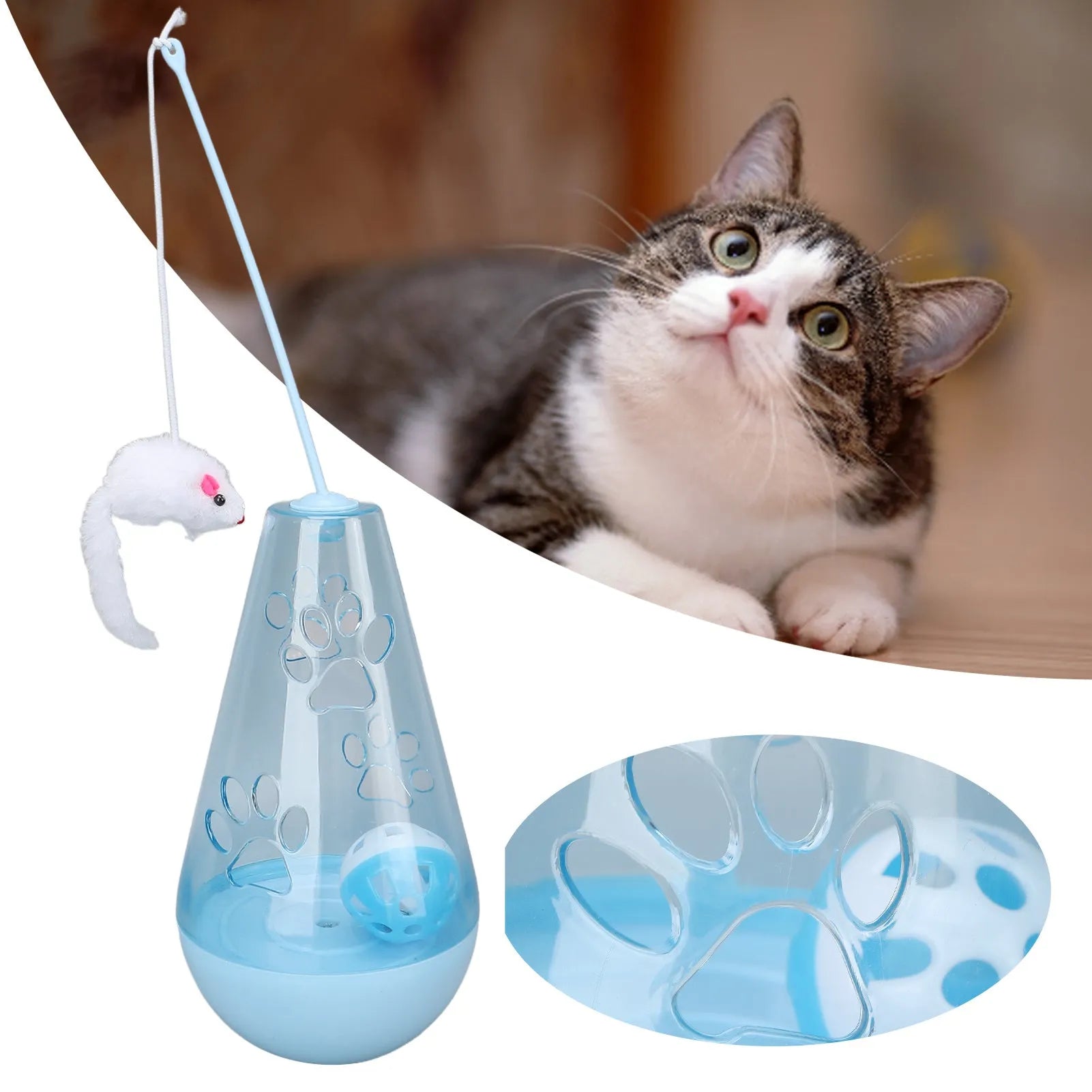 Blue and yellow cat toy with bell ball and treat dispenser plus plush mouse wand on white background