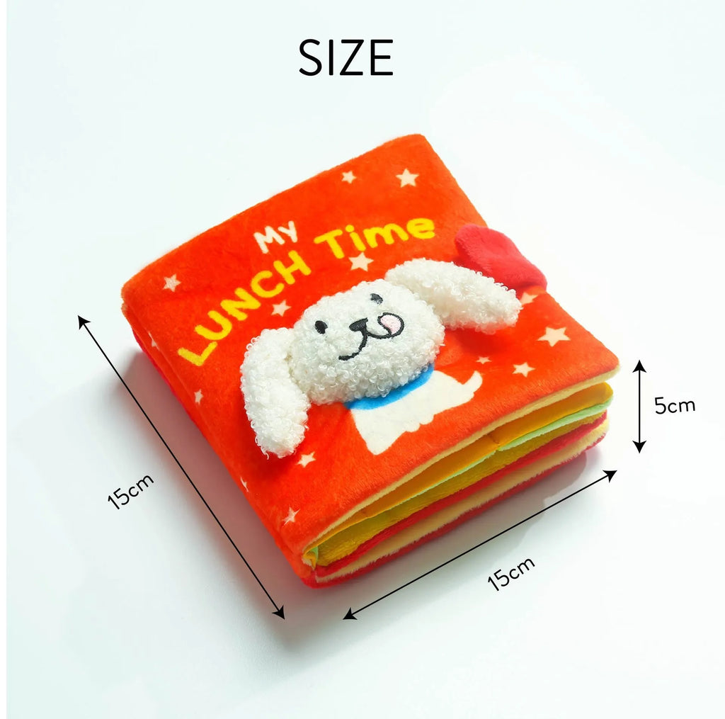 Red book plush pet toy for food searching and interactive enrichment featuring soft fabric
