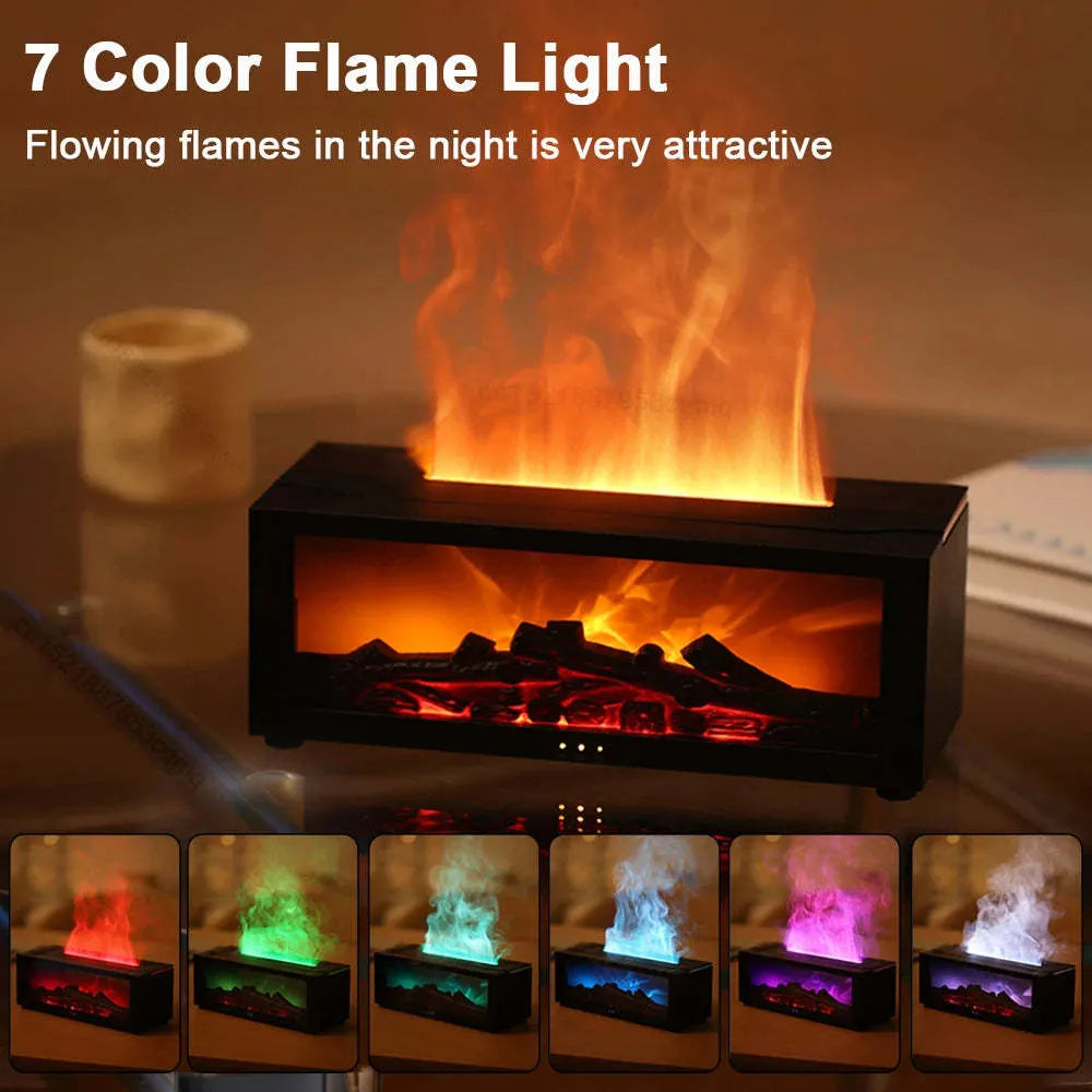 Square flame aromatherapy diffuser with 3D flame effect and seven colour LED mood lighting