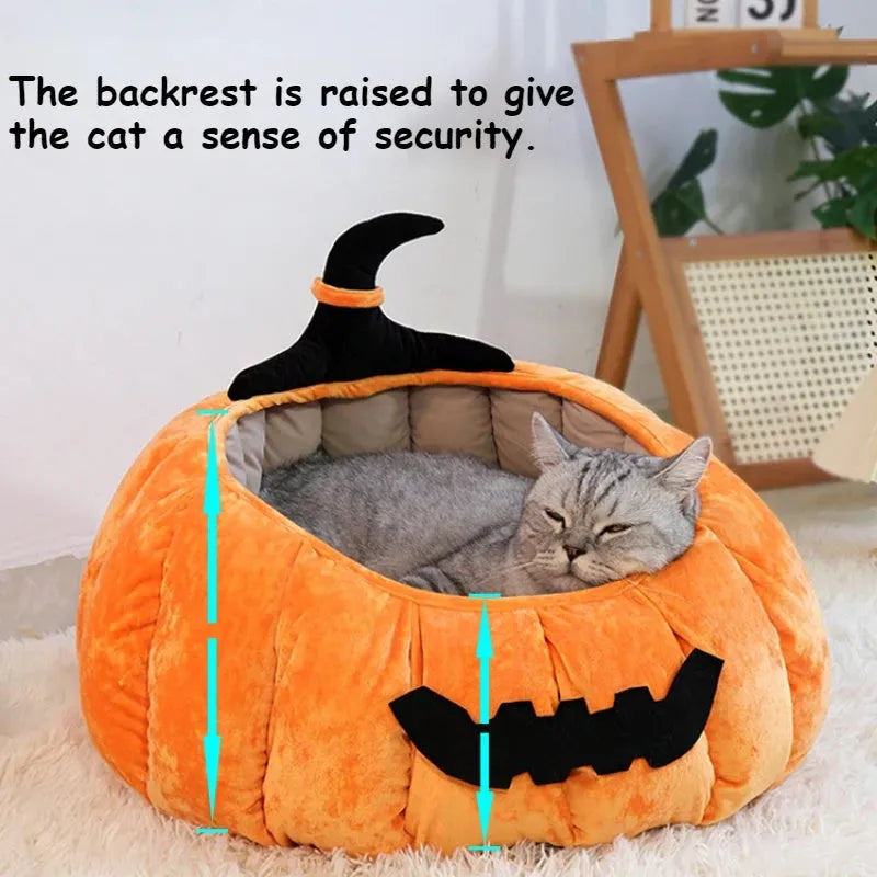 Halloween themed pumpkin cartoon devil design soft plush cat bed for cats and small dogs in black colour.