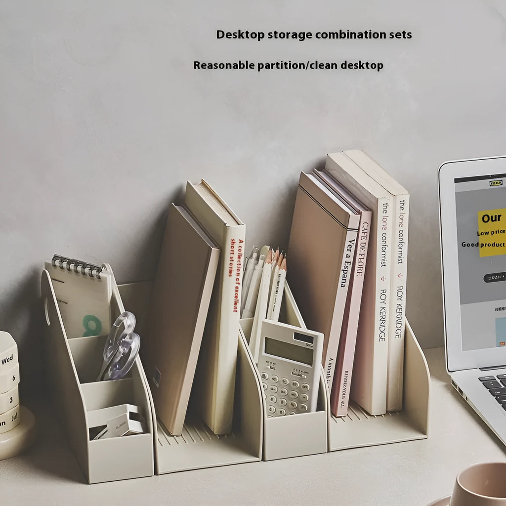 Two-layer plastic desktop storage box in milk coffee colour measuring 14.5x17x22cm