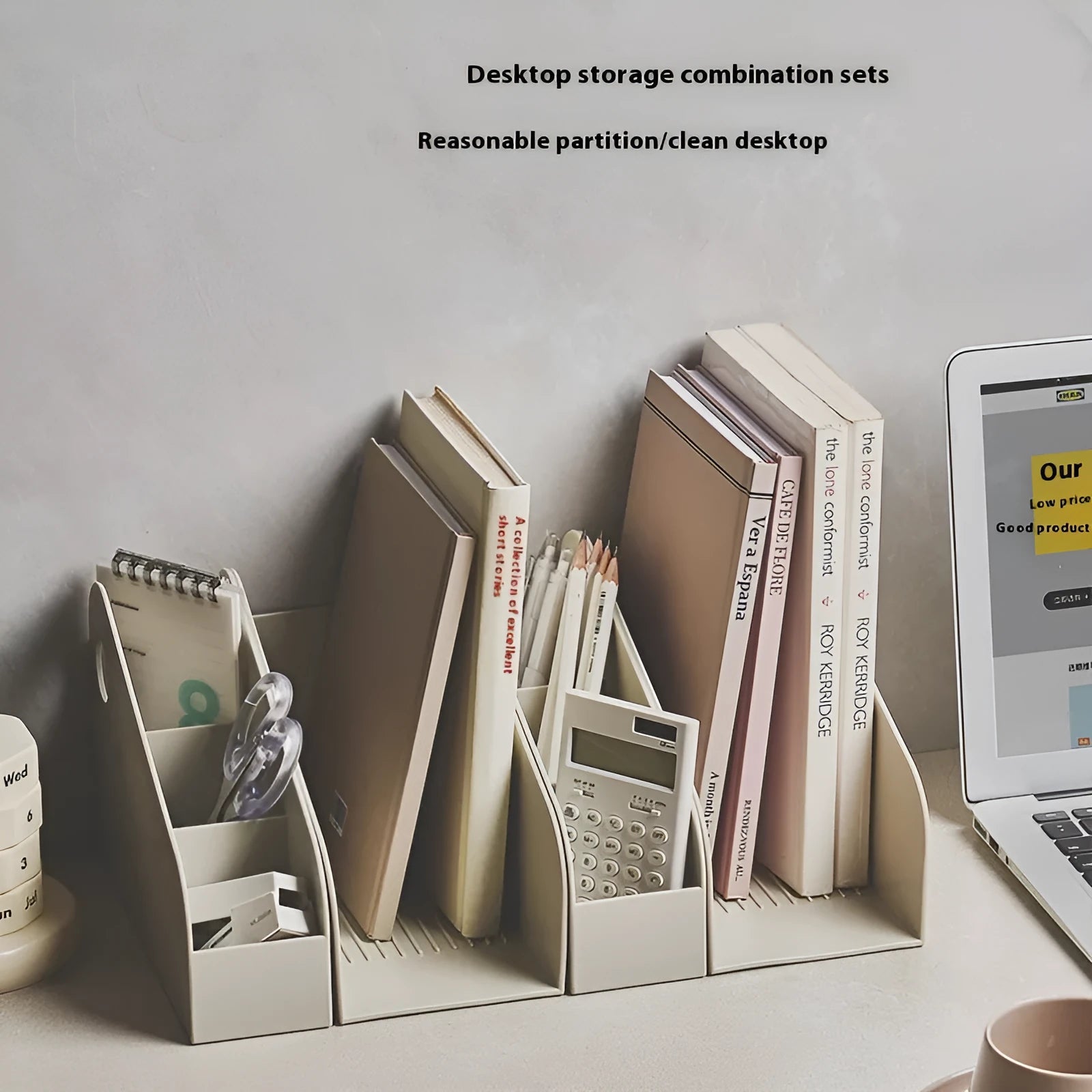 Two-layer plastic desktop storage box in milk coffee colour measuring 14.5x17x22cm