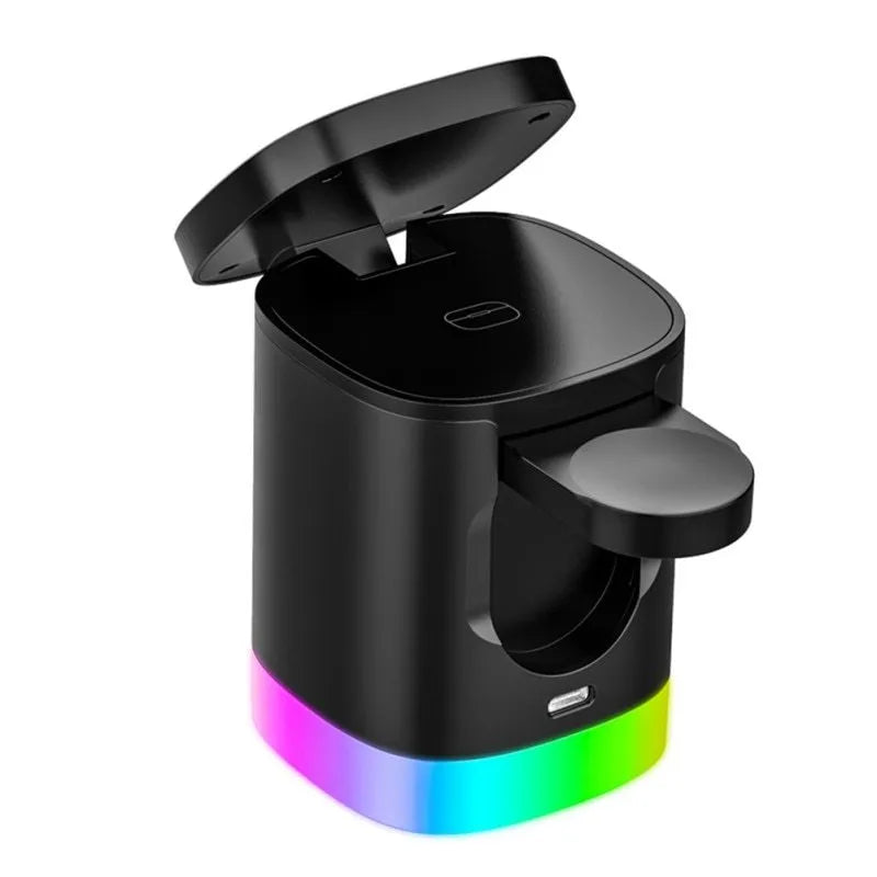 Black and white foldable 3-in-1 magnetic wireless fast charging station for phone, watch and earbuds.