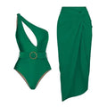 Women's one-piece swimsuit with gauze skirt in polyester fabric, showing double shoulder and oblique shoulder strap styles